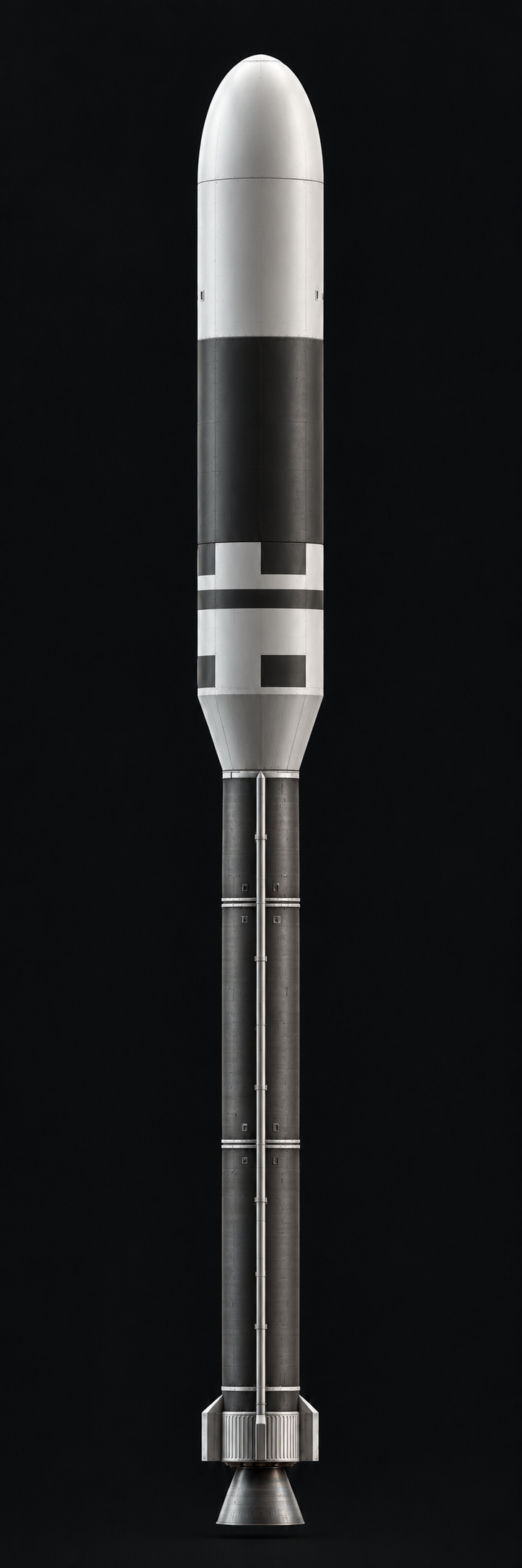 Detailed front-profile concept illustration of the supplied AllStar-1 model, with a rounded fairing, tapered upper stack and single-nozzle core