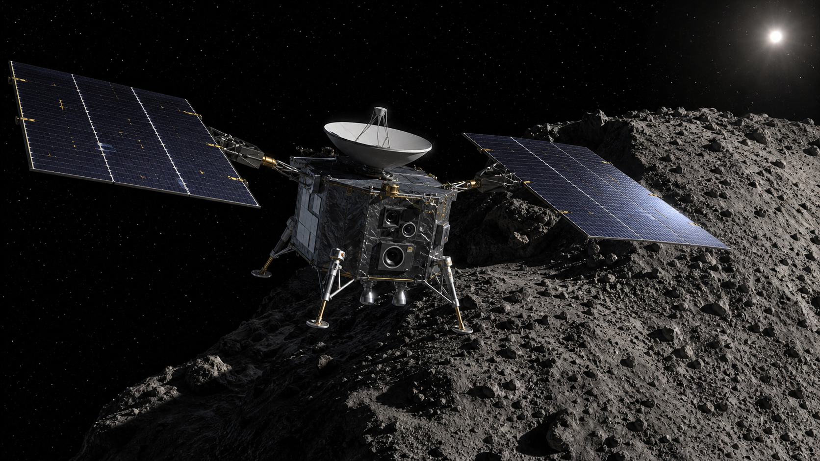 R.A.E.L. solar-electric spacecraft performing proximity operations near an asteroid