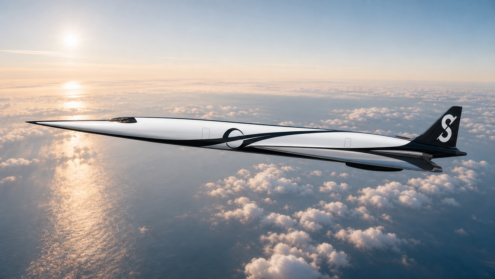 White-and-black Starshot S-221 long-fuselage concept above the ocean